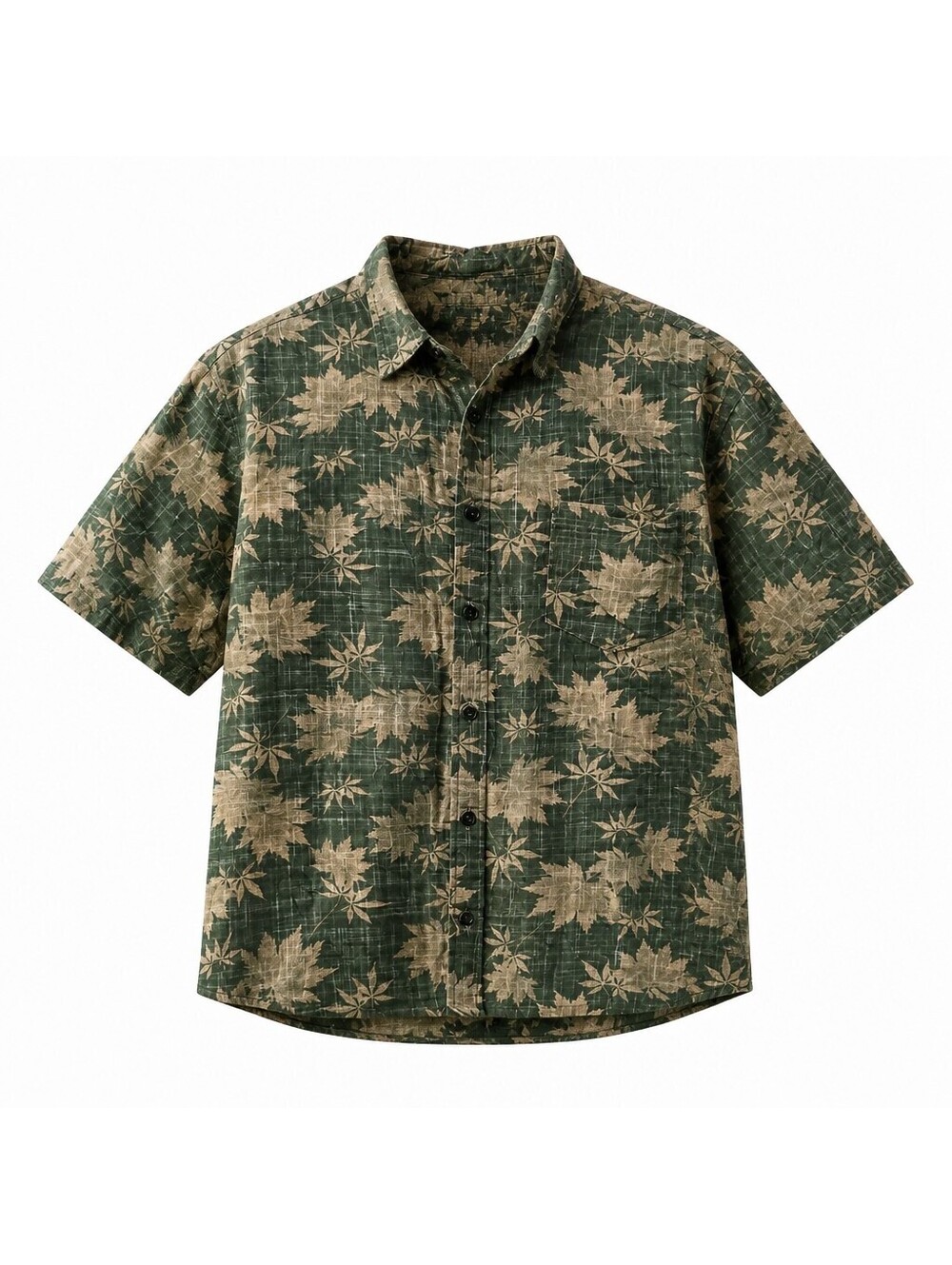 Vatpave Men's Green and Beige Leaf Print Short Sleeve Button-Up Shirt XL